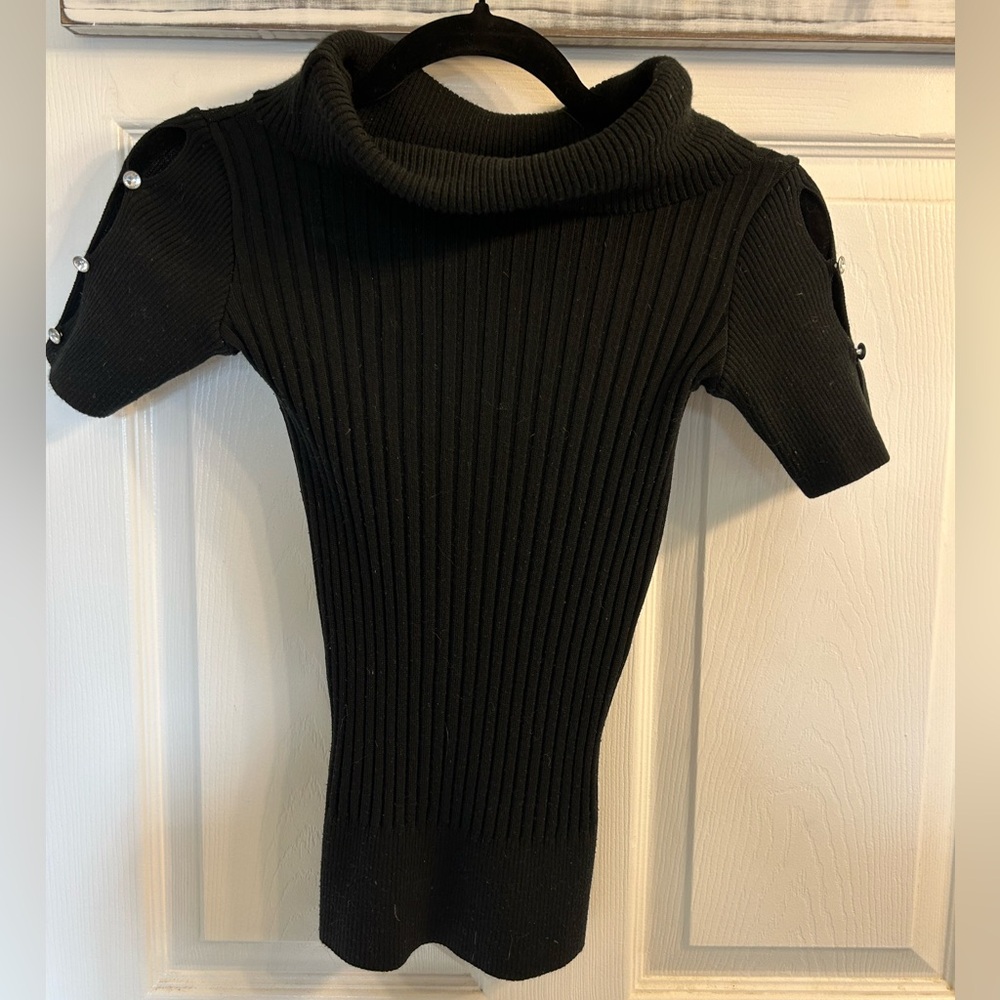Black cowl neck quarter sleeve sweater with cutouts and crystal buttons